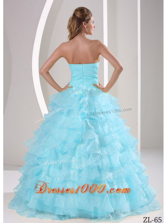 Aqua Blue Ruffles Sweetheart Appliques and Ruching Quinceaners Gowns For Military Ball