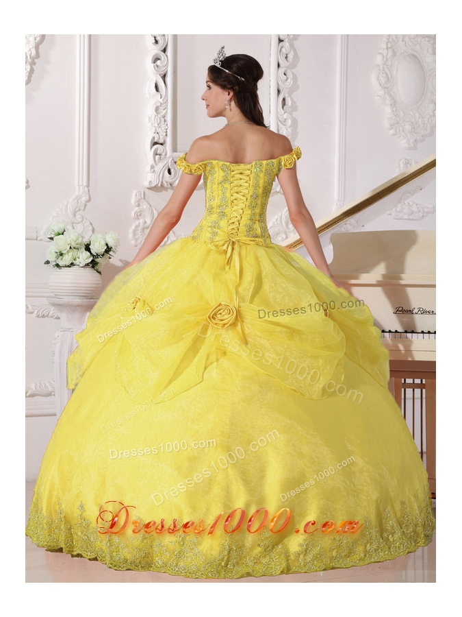 Off The Shoulder Appliques and Hand Made Flowers Yellow Quinceanera Gowns