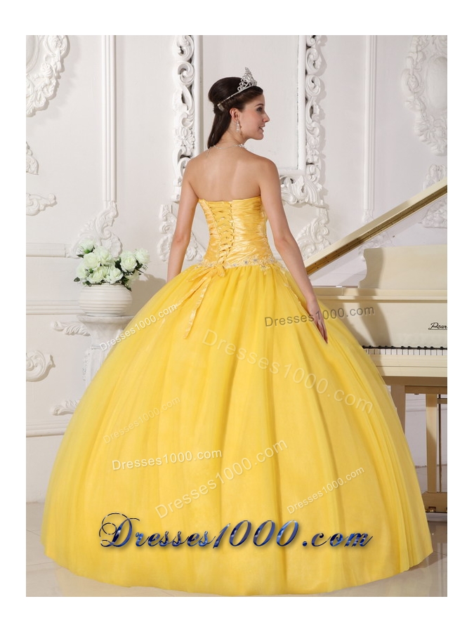 Puffy Strapless Appliques Quinceanera Gowns in Yellow