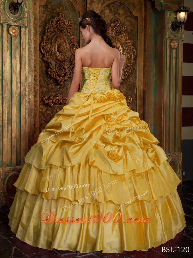 Strapless Beading and Hand Made Flowers Yellow Quinceanera Gown Dresses