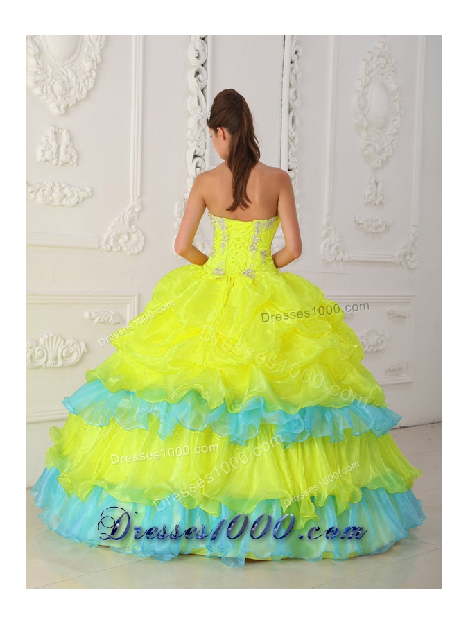 Strapless Organza Yellow Quinceanera Dresses with Beading and Pick-ups