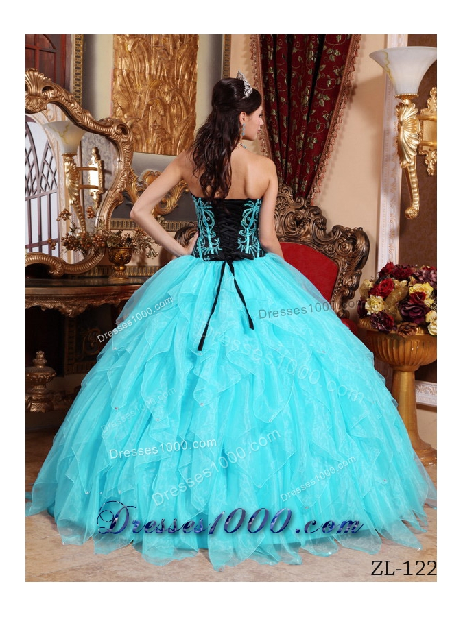 Aqua Blue Ball Gown Sweetheart Organza Embroidery Quinceanera Dress with Beading