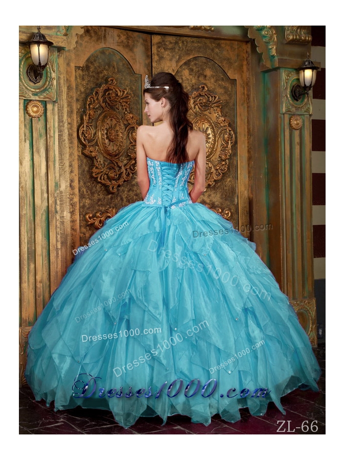 Gorgeous Ball Gown Strapless Appliques Organza New Style Aqua Blue Quinceanera Dress
