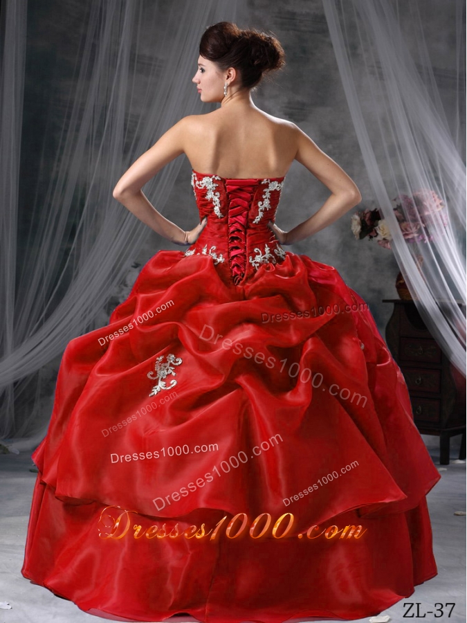 Puffy Sweetheart Organza Appliques Wine Red Dress For Quinceaneras