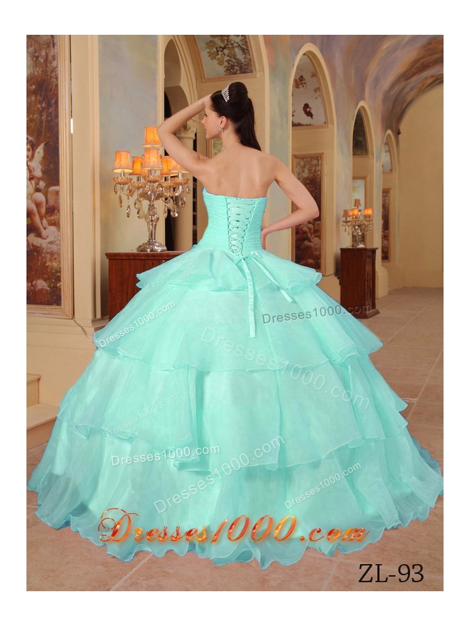 Puffy Sweetheart Pretty Aqua Blue Quinceanera Dress with Organza Beading