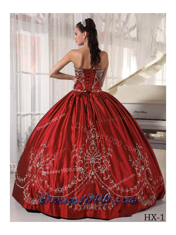 Puffy Wine Red Strapless Satin Embroidery Dresses For 2014