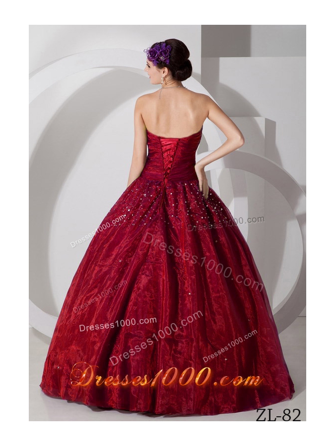 Wine Red Organza Tulle Beading Dress For 2014 Quinceanera