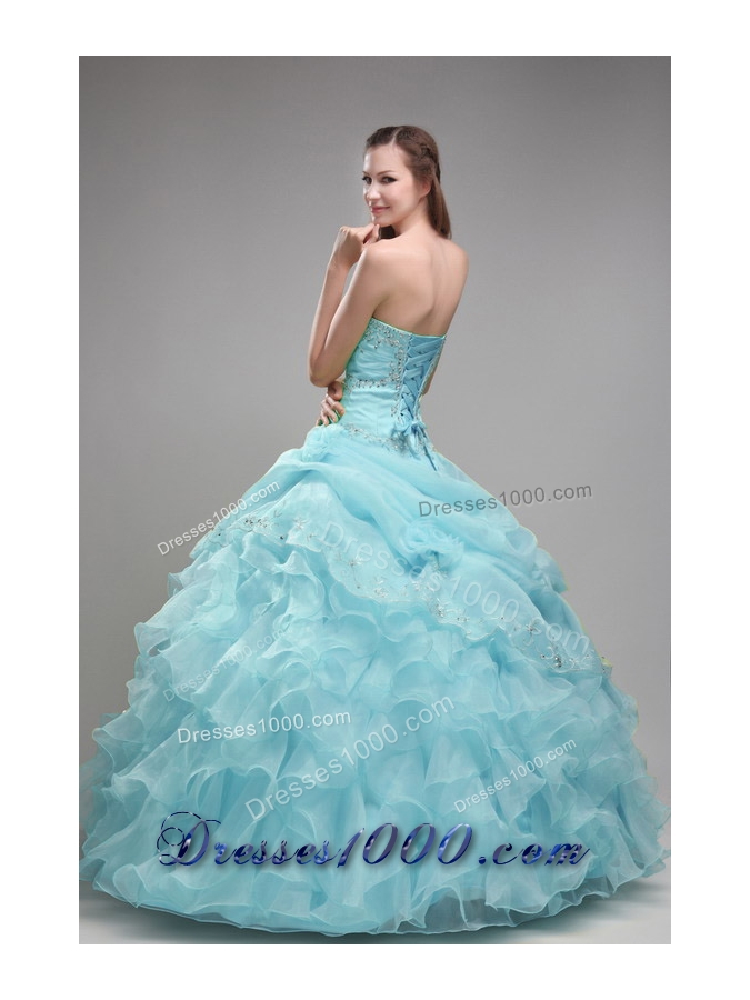 2014 Beautiful Baby Blue Ball Gown Strapless Beading Quinceanera Dress with Ruffles