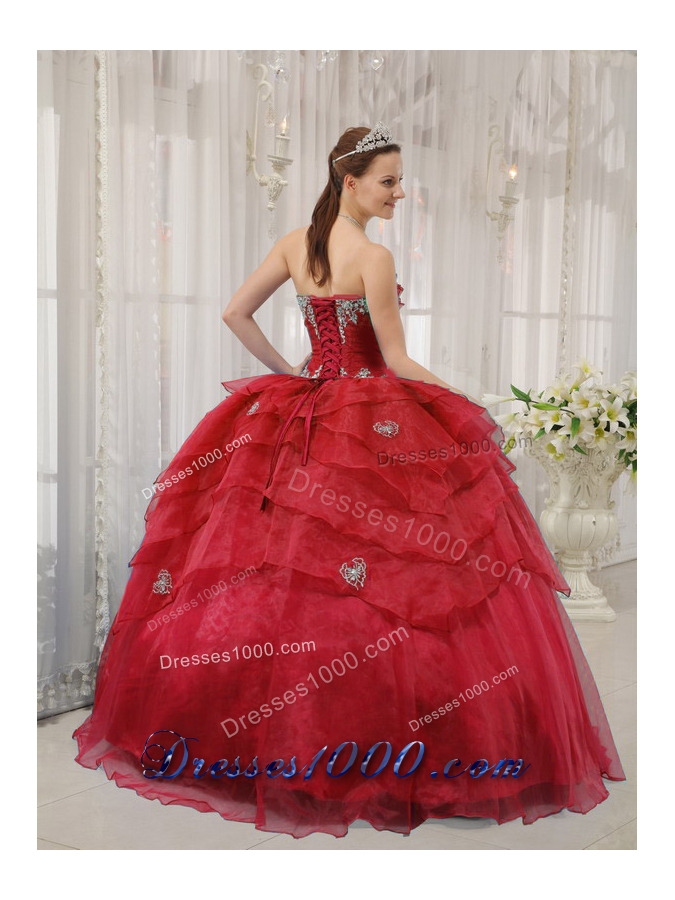 Appliques Strapless Organza Beading and Layers Wine Red Dresses Of 15