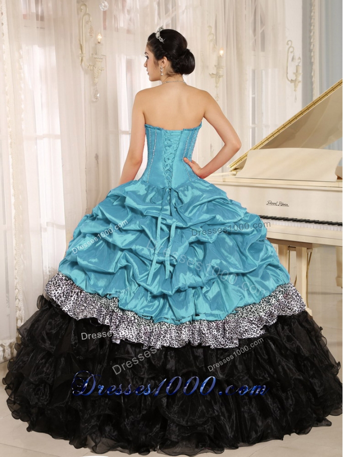 Aqua and Black Sweetheart Ruffles Quinceanera Dress With Floor-length