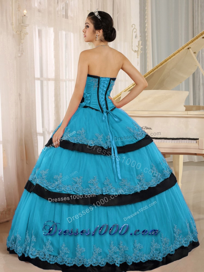 Aqua Blue Hand Made Flowers Custom Made For 2014 Quinceanera Dress