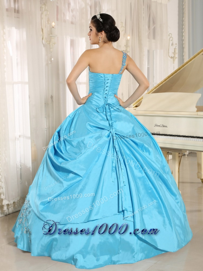 Aqua Blue Quinceanera Dress One Shoulder With Appliques and Beading 2014
