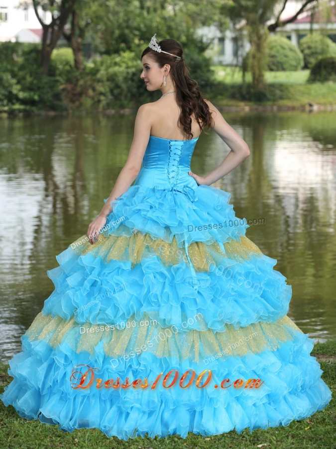 Beaded Decorate Bust Sequins Quinceanera Dress with Organza Multi-color Strapless Tiered Sweet