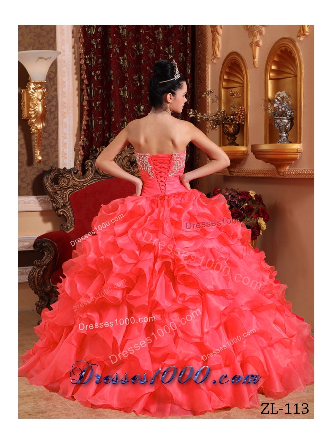 Coral Red Organza Beading and Appliques Quinceanera Gown with Ruffles