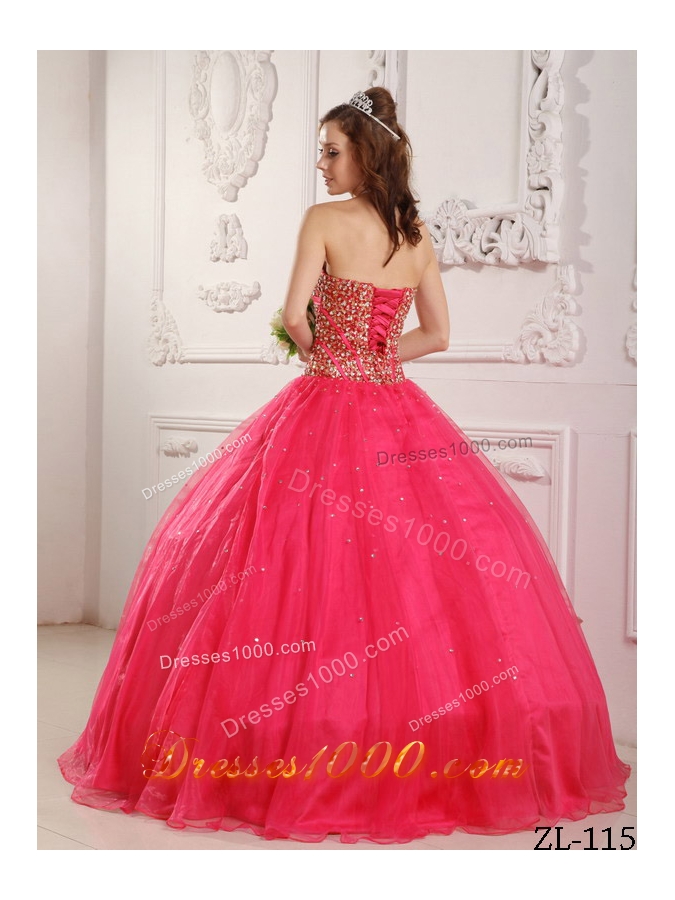 Coral Red Princess Sweetheart Organza Beading Quinceanera Dresses