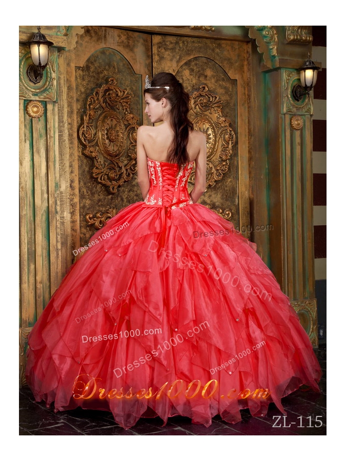 Hot Sale Appliques Organza Coral Red Sweet Sixteen Quinceanera Dresses