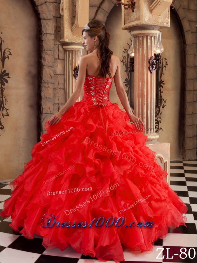 Hot Sale Red Sweetheart Ruffles Organza Quinceanera Dress