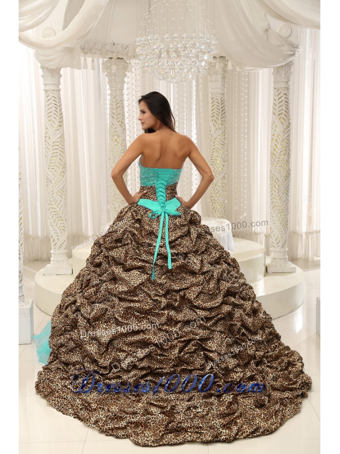 Leopard and Organza Beading Decorate Sweetheart Neckline Quinceanera Dress