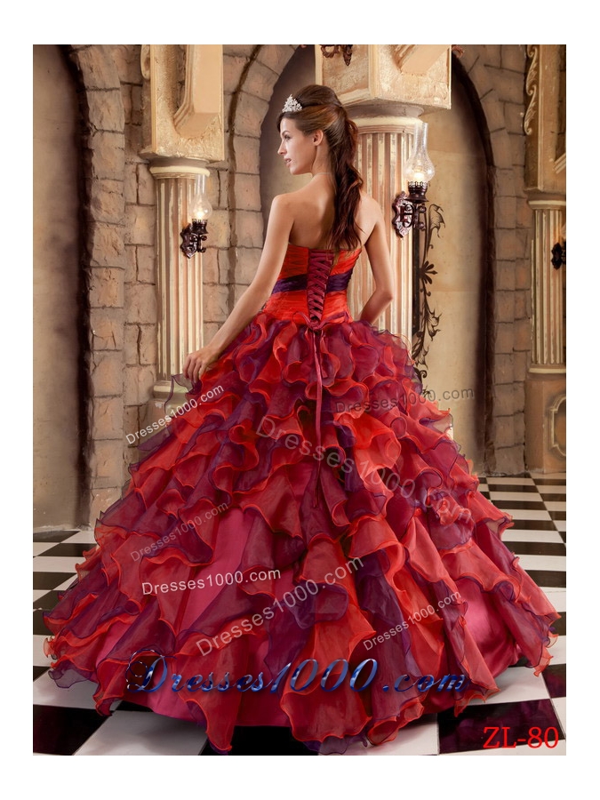 Multi-color Strapless Organza Ruffles Quinces Dresses with Appliques