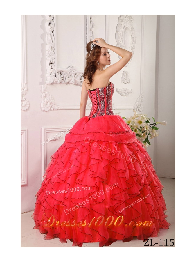 New Style Red Sweetheart Organza Ruffles and Beading Sweet 15 Dresses