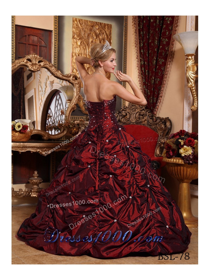 Princess Strapless Taffeta Beading Wine Red Quinceanera Gowns