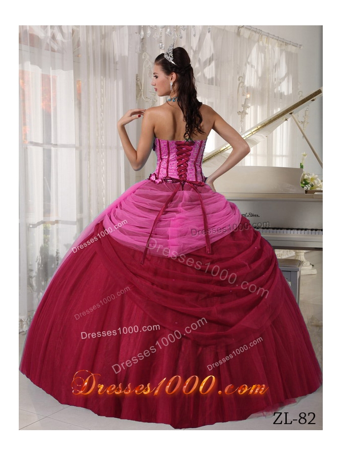 Puffy Strapless Beading Wine Red and Pink Dresses For a Quince