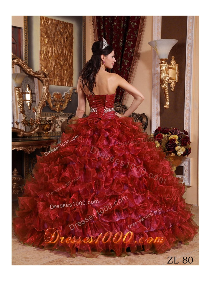 Puffy Sweetheart Organza Ruffles and Beading Wine Red Dresses Of 15