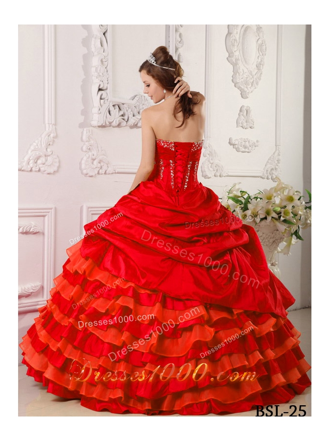 Red Puffy Strapless Taffeta Beading and Layers Sweet 16 Dresses