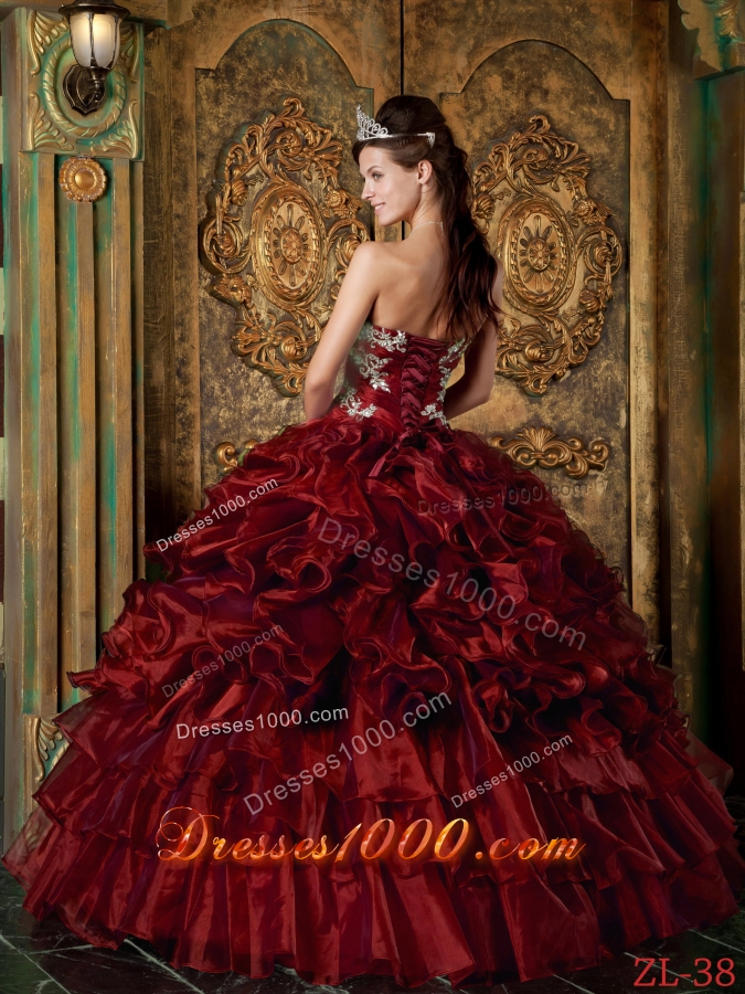 Strapless Organza Ruffles and Appliques Wine Red Quinceanera Dress