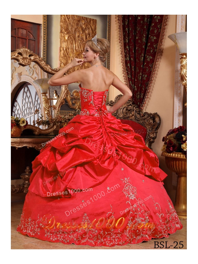 Sweetheart Embroidery with Beading Red Ball Gown Quinceanera Dresses