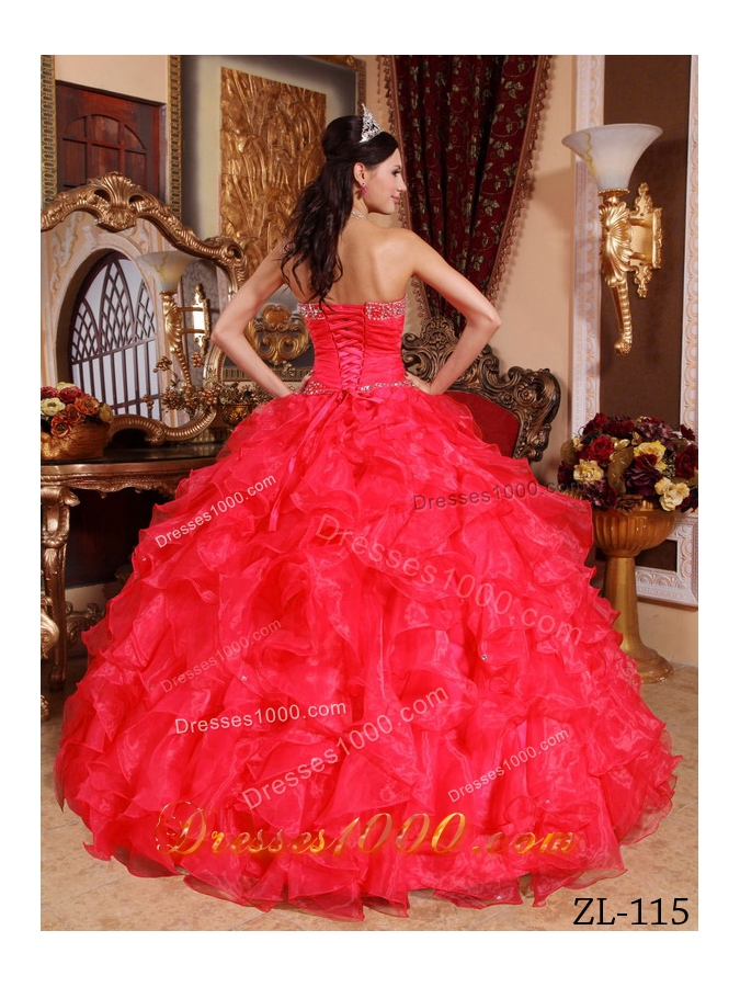 Sweetheart Organza Beading and Ruffles Red Quinceaneras Dress