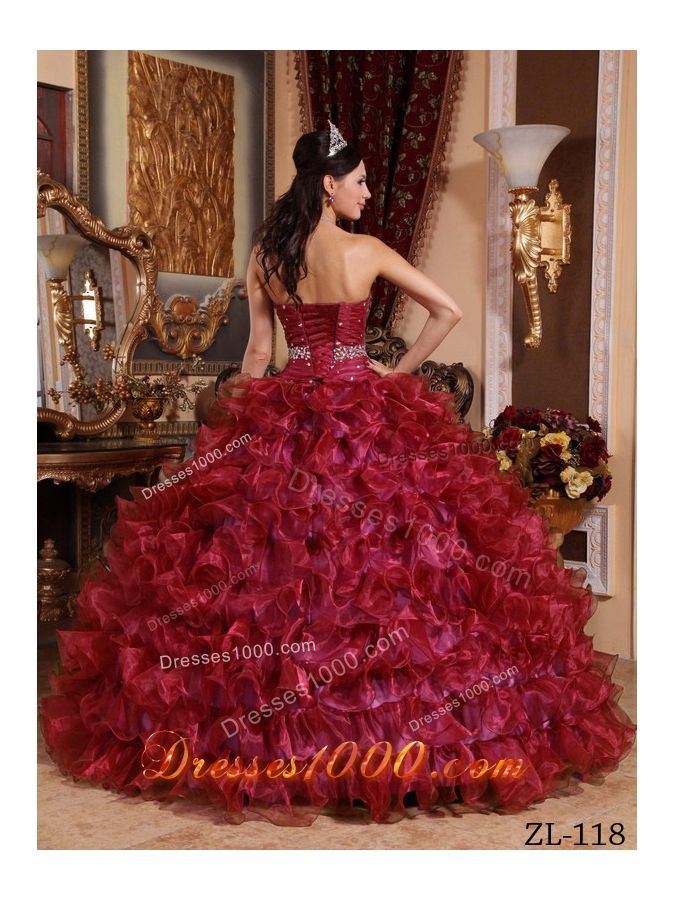 Sweetheart Organza Beading and Ruffles Wine Red Quinceanera Gown Dresses