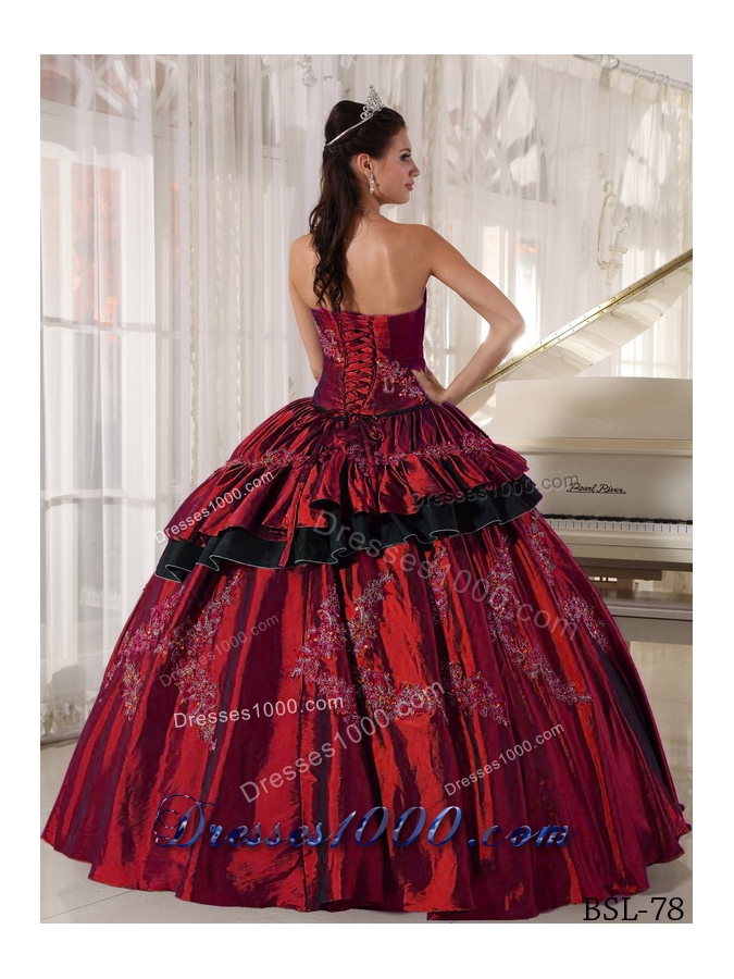 Taffeta Beading Wine Red Appliques Dresses For a Quinceanera