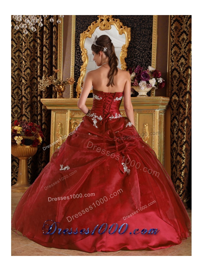 Wine Red Organza Appliques Quinceanera Gowns Dresses On Sale