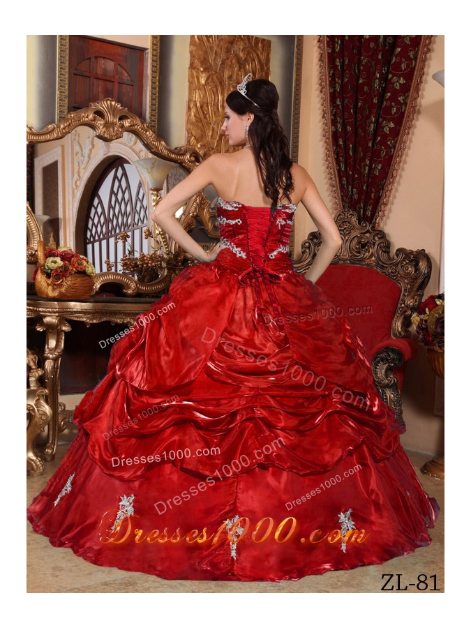 Wine Red Sweetheart Organza Appliques and Pick-ups Sweet Sixteen Dresses