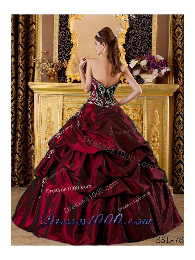 Wine Red Sweetheart Taffeta Appliques and Pick-ups Quinceanera Dress