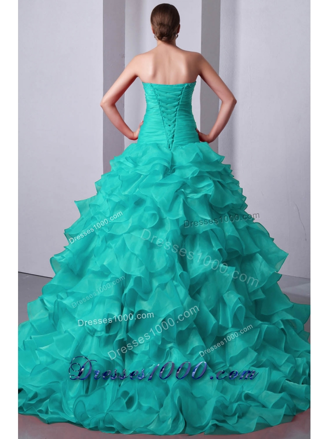 2014 Beading Quinceanea Dress in Blue Princess Sweetheart Brush Train with Ruffles