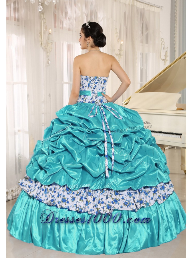 Beaded and Pick-ups For Aqua Blue Quinceanera Dress Taffeta and Printing