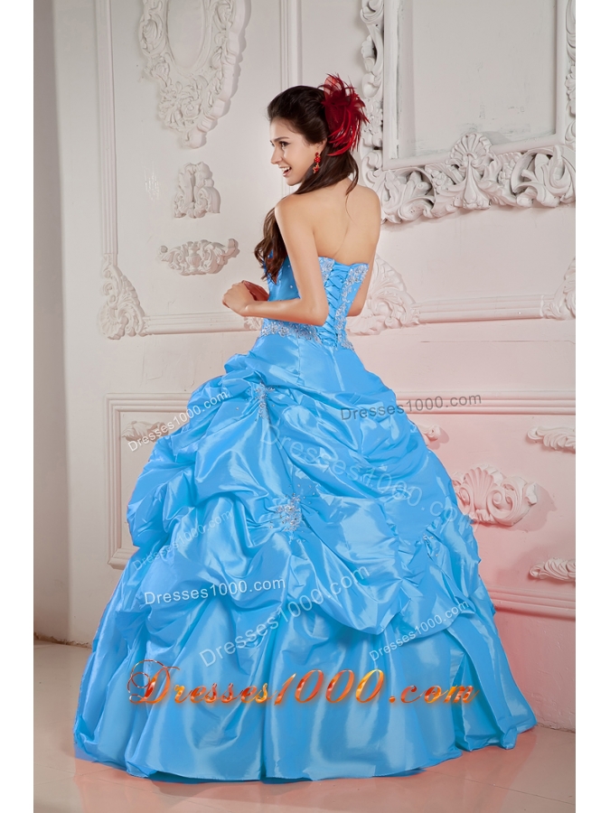 Blue Ball Gown Strapless Floor-length Taffeta Beading Quinceanera Dress
