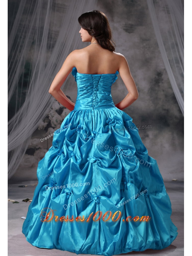 Hand Made Flowers Ruching Ball Gown in Aqua Blue Strapless Quinceanera Dresses