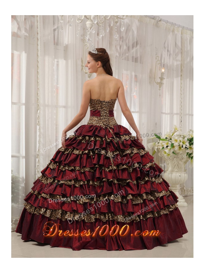Princess Leopard Sweetheart Layers Burgundy Dresses Quinceanera