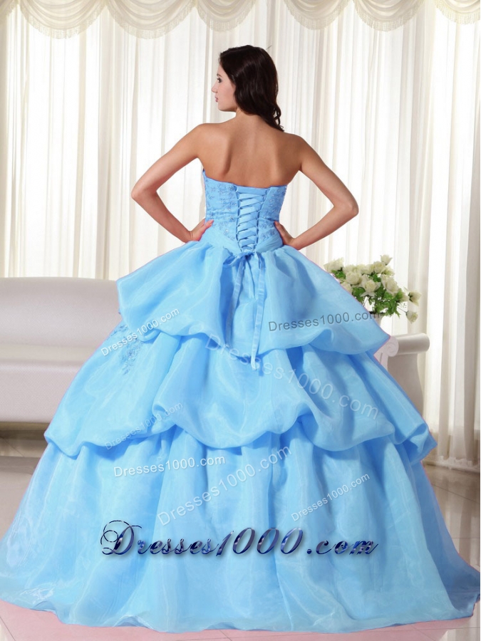 2014 Baby Blue Ball Gown Appliques Quinceanera Dress with Hand Made Flowers