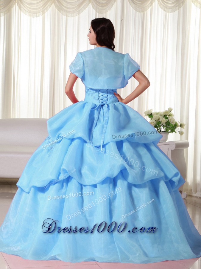 2014 Baby Blue Ball Gown Appliques Quinceanera Dress with Hand Made Flowers
