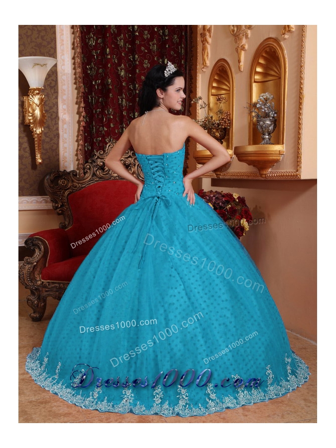 2014 Romantic Aqua Blue Ball Gown Strapless Lace Quinceanera Dress with Appliques
