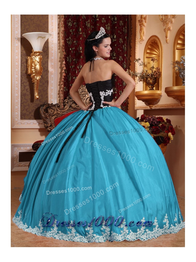 2014 Sweet Aqua Blue Ball Gown Lace V-neck Quinceanera Dress with Appliques