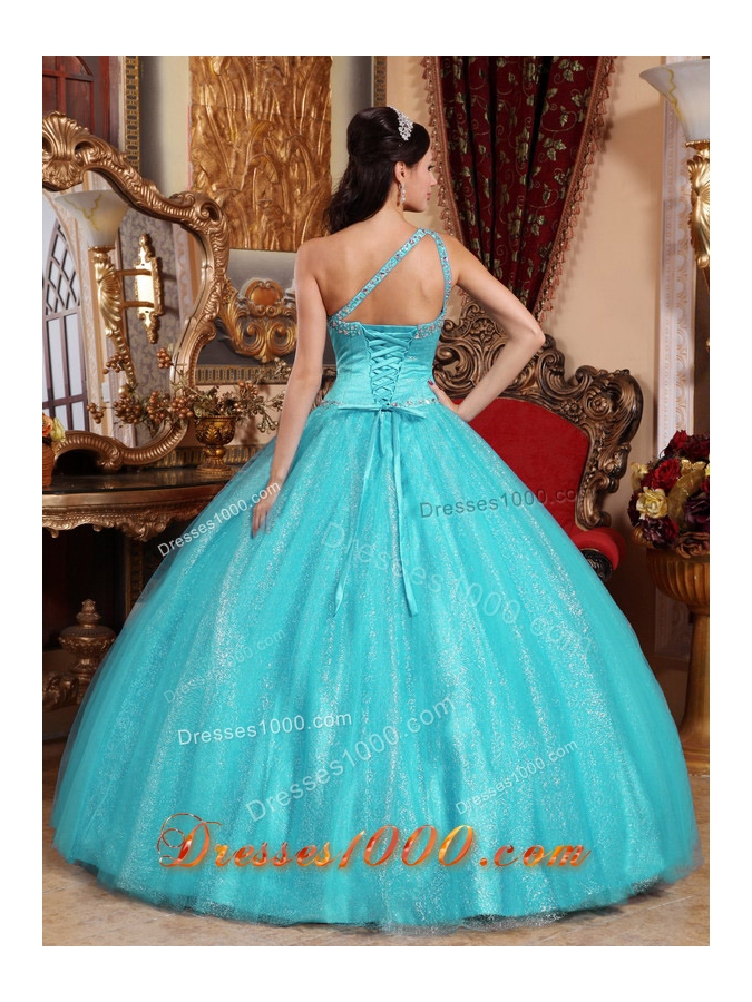 Aqua Blue Ball Gown One Shoulder Quinceanera Dress Taffeta Beading