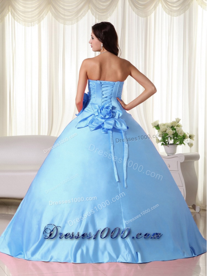Aqua Blue Ball Gown Strapless Beading Quinceanera Dress with Hand Made Flower