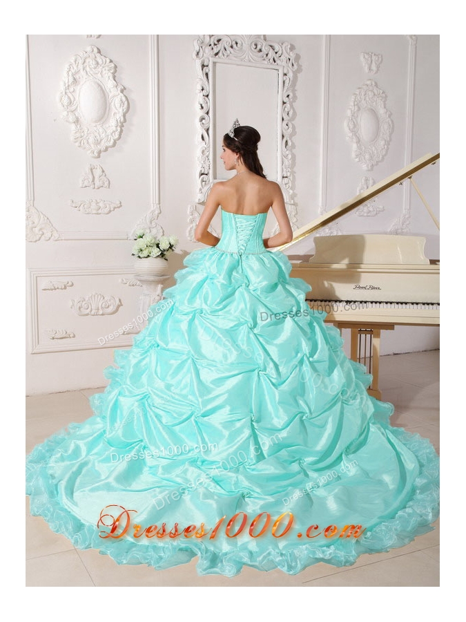 Baby Blue Ball Gown Strapless Chapel Train Quinceanera Dress with Taffeta Beading