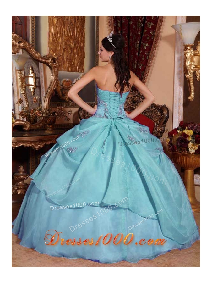 Light Blue Ball Gown Strapless Quinceanera Dress with Organza Beading