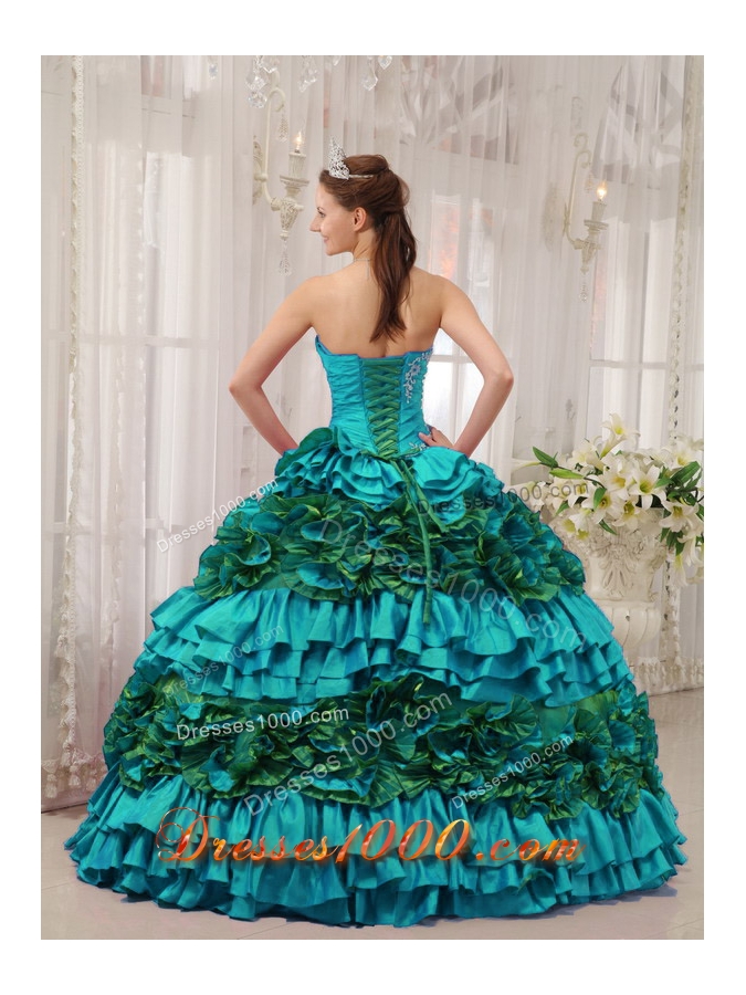 Teal Ball Gown Straplesas Quinceanera Dress with Taffeta Appliques Ruching